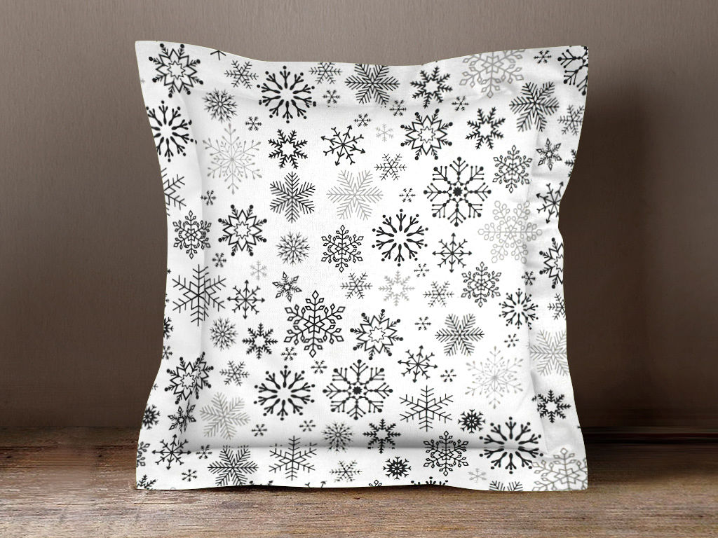 Poszewka na poduszkę z ozdobną kantą bawełniana świąteczna - czarne płatki śniegu na białym