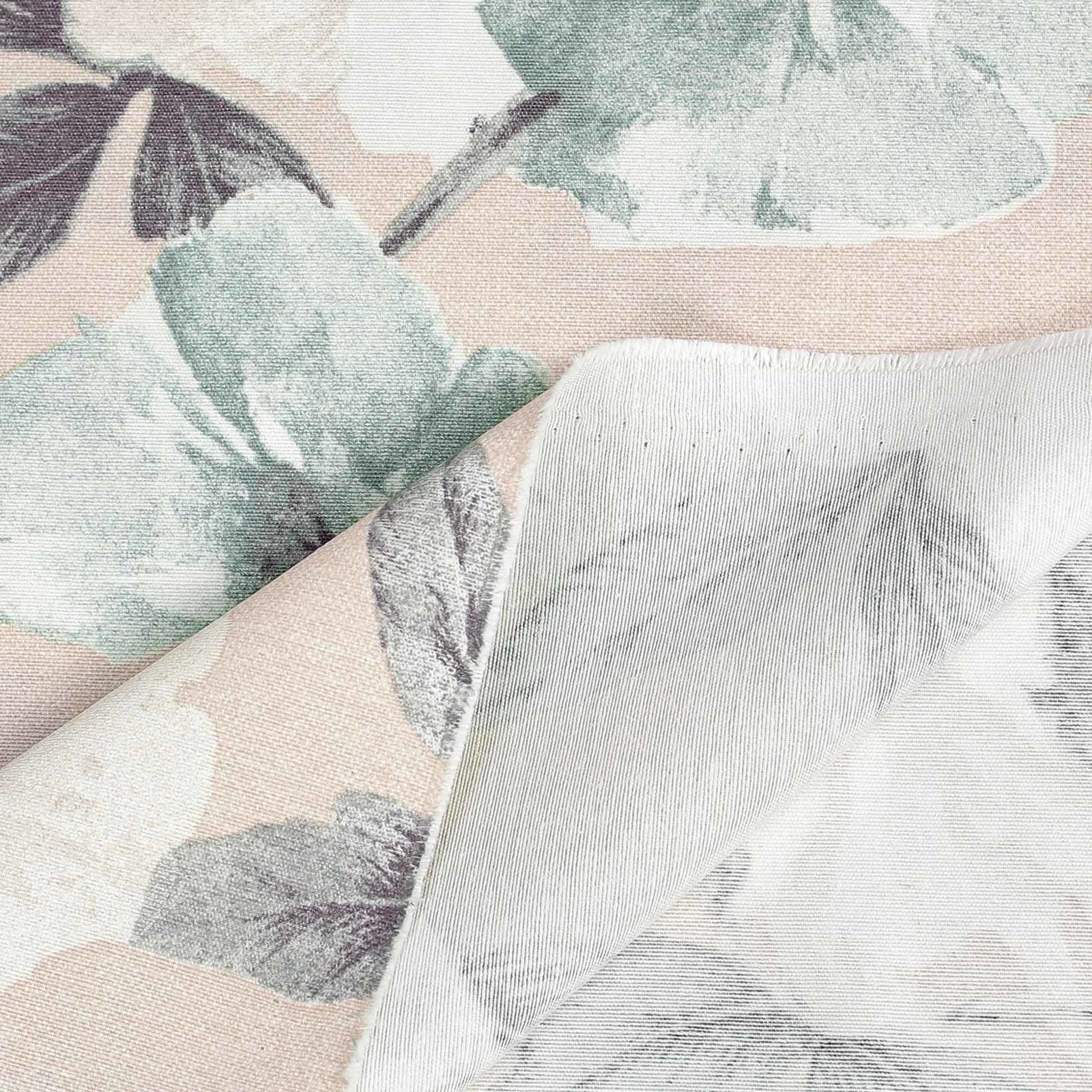 Tkanina dekoracyjna Loneta - białe i szałwiowe kwiaty z liśćmi
