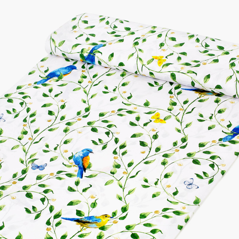 Płótno bawełniane - kolorowe ptaki w ogrodzie