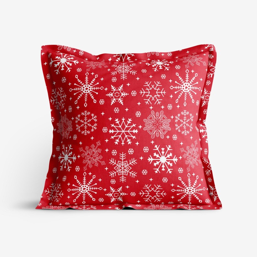 Poszewka na poduszkę z ozdobną kantą bawełniana - płatki śniegu na czerwonym
