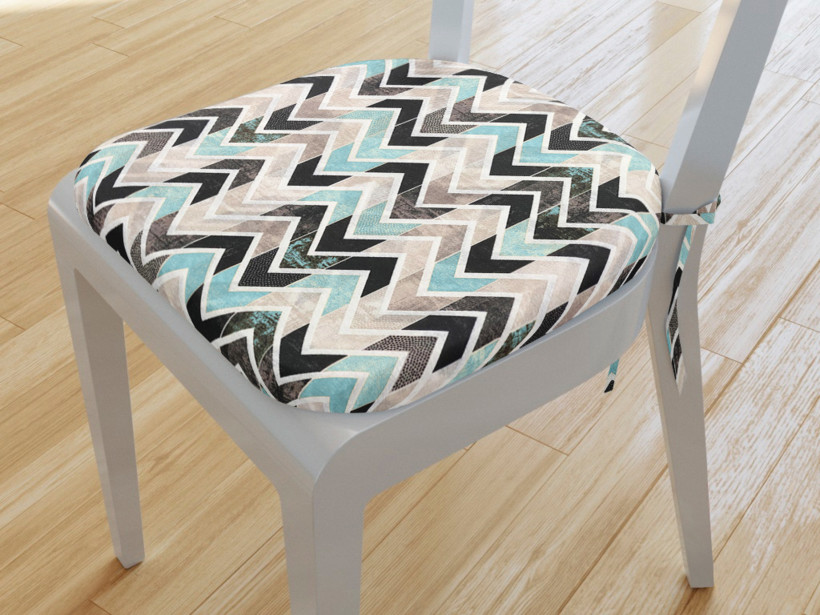 Zaokrąglona poduszka na krzesło 39x37 cm Vintage - paski zygzakowate z turkusem