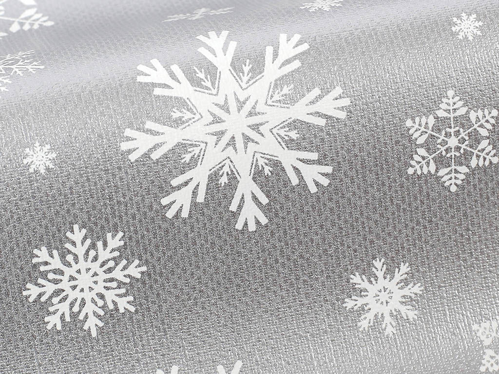 Cerata na stół na metry - świąteczny wzór śnieżynek na szarym