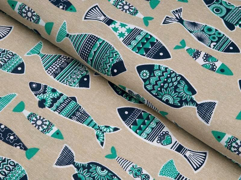 Tkanina dekoracyjna Loneta - rybki na naturalnym
