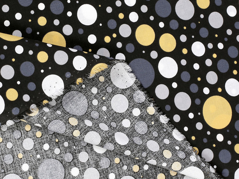 Płótno bawełniane - kolorowe kropki i kółka na czarnym