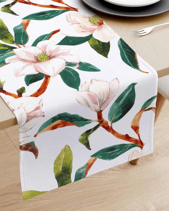 Bieżnik na stół z płótna bawełnianego - magnolie i zielone liście
