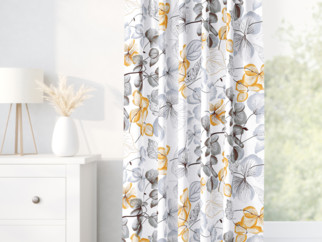 Zasłona bawełniana na taśmie - szare i brązowe kwiaty z liśćmi