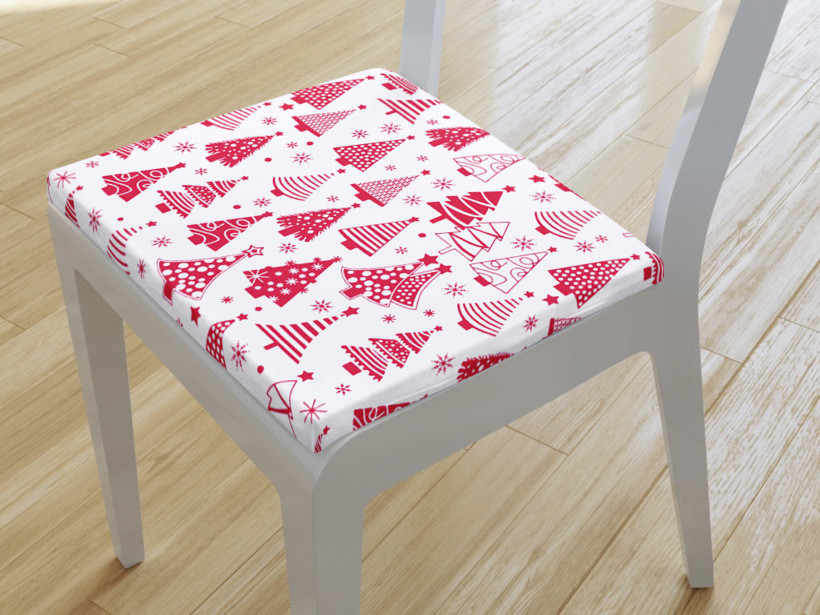 Kwadratowa poduszka na krzesło 38x38 cm świąteczna - choinki na białym