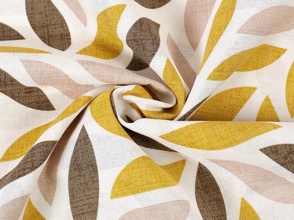 Tkanina dekoracyjna Loneta - złote i brązowe geometryczne liście