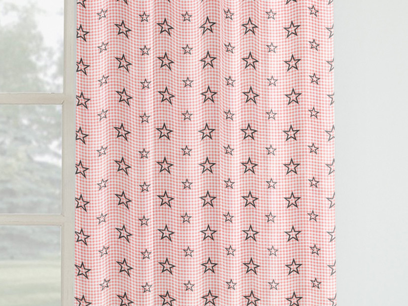 Zasłona bawełniana dla dzieci na taśmie - gwiazdki na różowej kratce