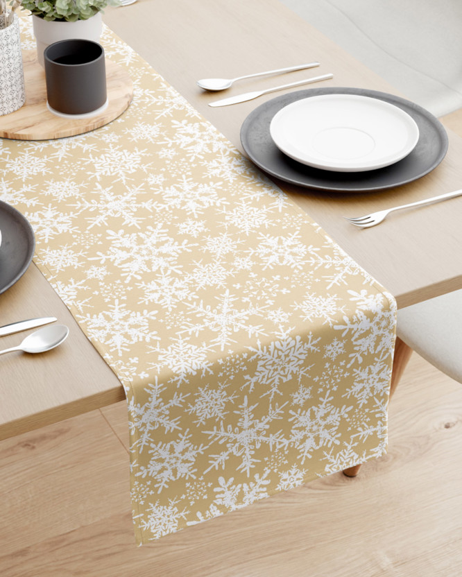Bieżnik na stół bawełniany - płatki śniegu na złotym
