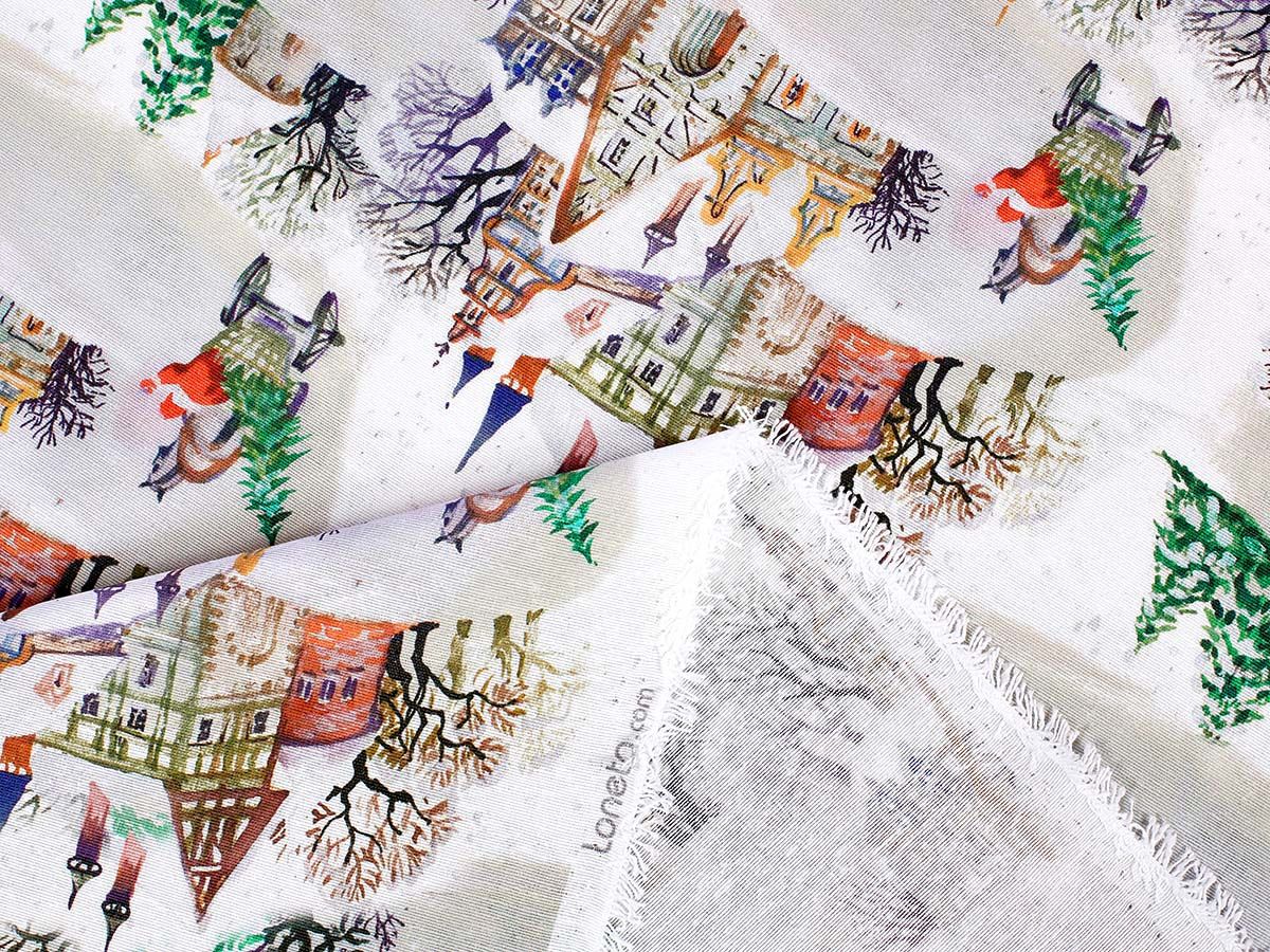 Tkanina dekoracyjna Loneta świąteczna - zaśnieżone miasto