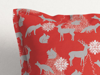 Poszewka na poduszkę z ozdobną kantą dekoracyjna świąteczna Loneta - zwierzęta leśne na czerwonym