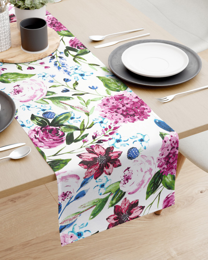 Bieżnik na stół z płótna bawełnianego - motyw fioletowych hortensji