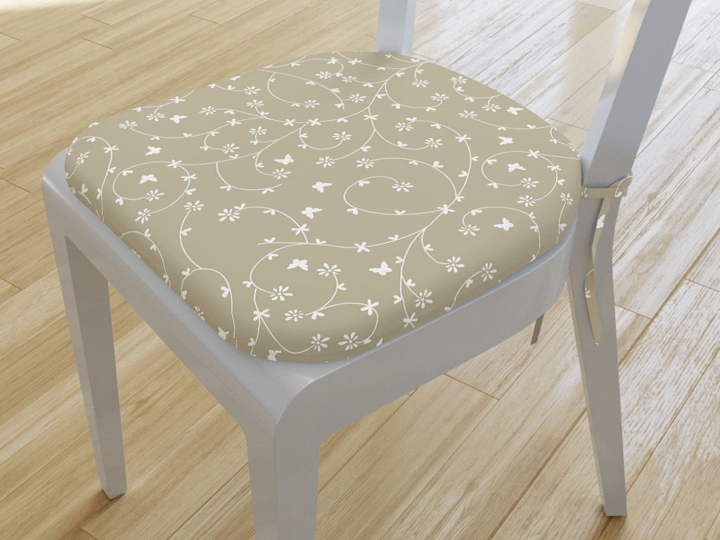 Zaokrąglona poduszka na krzesło 39x37 cm - kwiatki i motylki na złotym beżu
