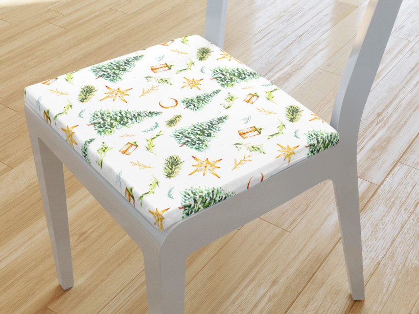 Kwadratowa poduszka na krzesło 38x38 cm świąteczna - choinki i złote gwiazdy