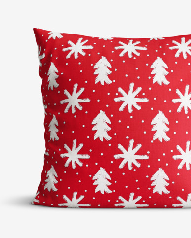 Poszewka na poduszkę bawełniana świąteczna - śnieżynki i choinki na czerwonym