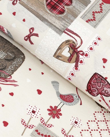 Tkanina dekoracyjna Loneta świąteczna - czerwone serca patchwork