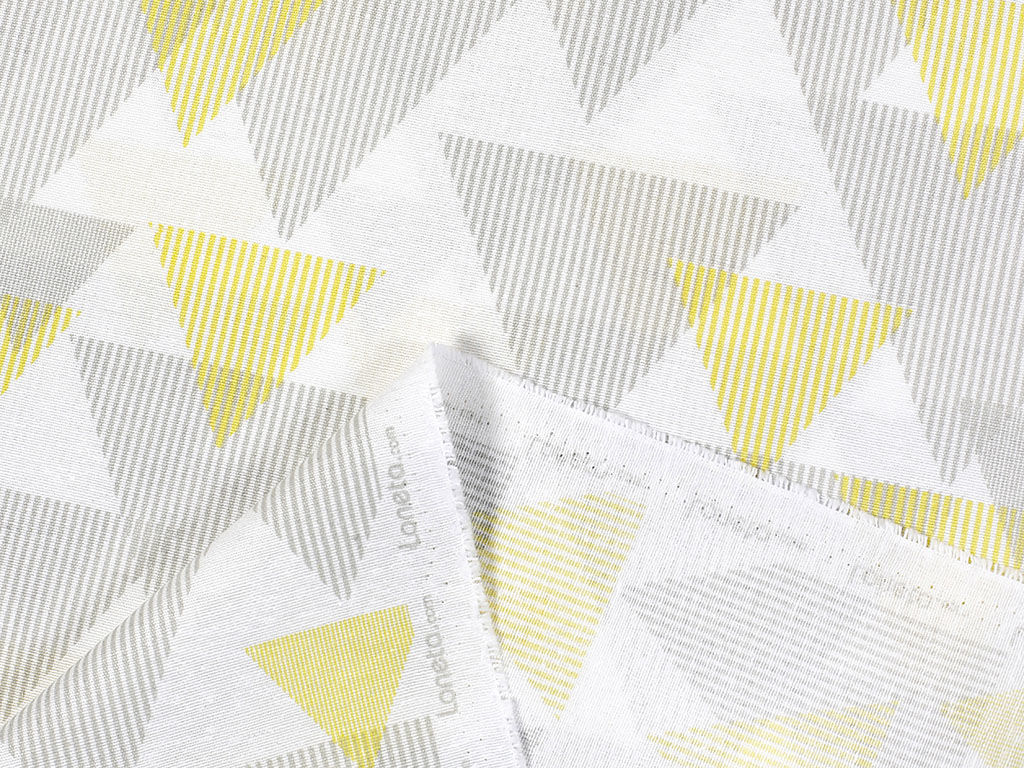 Tkanina dekoracyjna Loneta - trójkąty w szaro-żółte paski