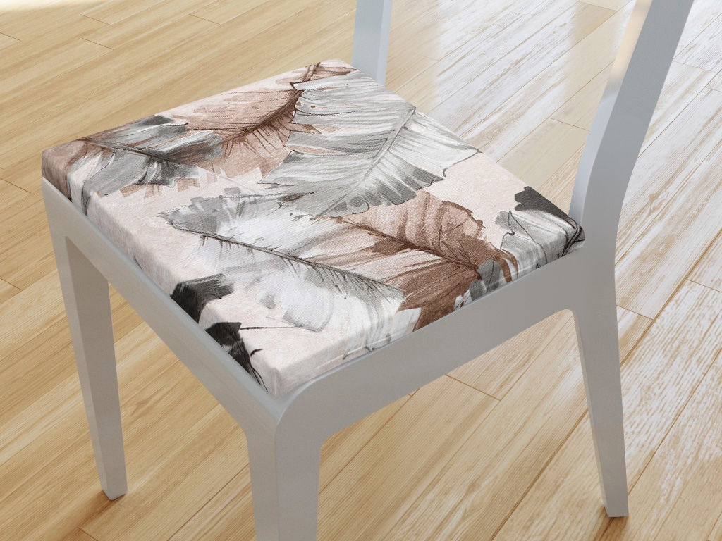Kwadratowa poduszka na krzesło 38x38 cm Loneta - szare i brązowe pióra