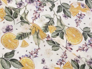 Tkanina dekoracyjna Loneta - pomarańcze i kwiaty - szer. 140cm