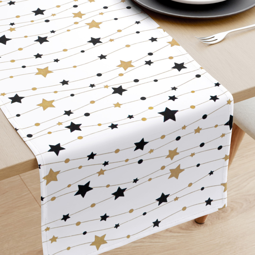 Bieżnik na stół z płótna bawełnianego - złote i czarne gwiazdki na białym