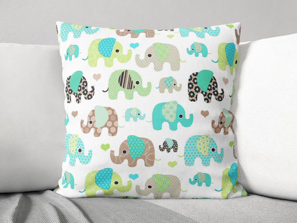 Poszewka na poduszkę bawełniana dla dzieci - zielono-niebieskie słonie