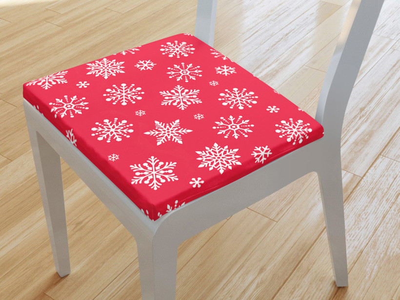Kwadratowa poduszka na krzesło 38x38 cm - płatki śniegu na jaskrawej czerwieni