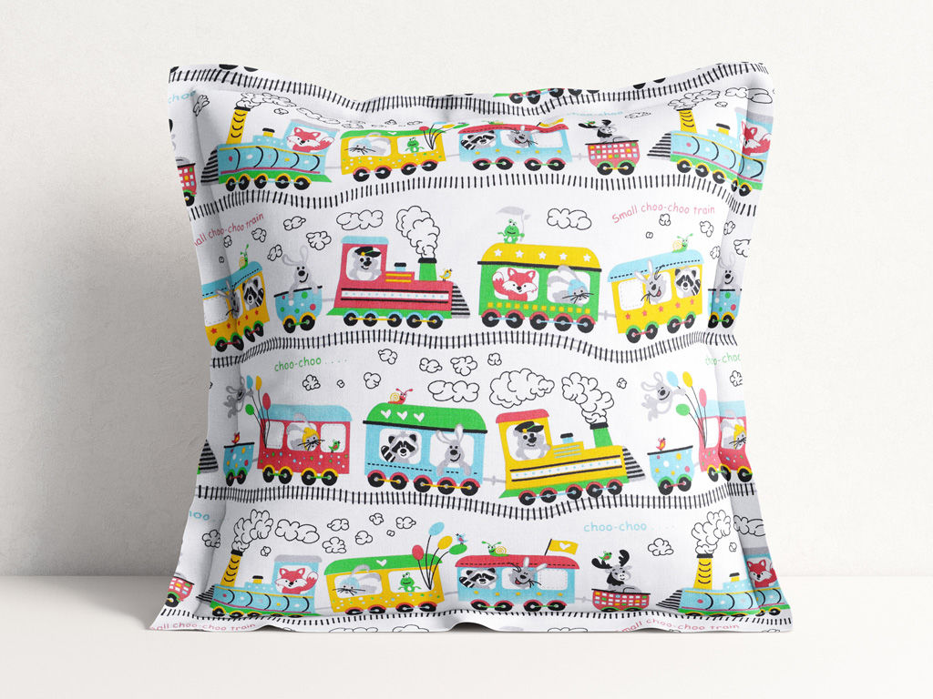 Poszewka na poduszkę z ozdobną kantą bawełniana dla dzieci - wesołe pociągi na białym