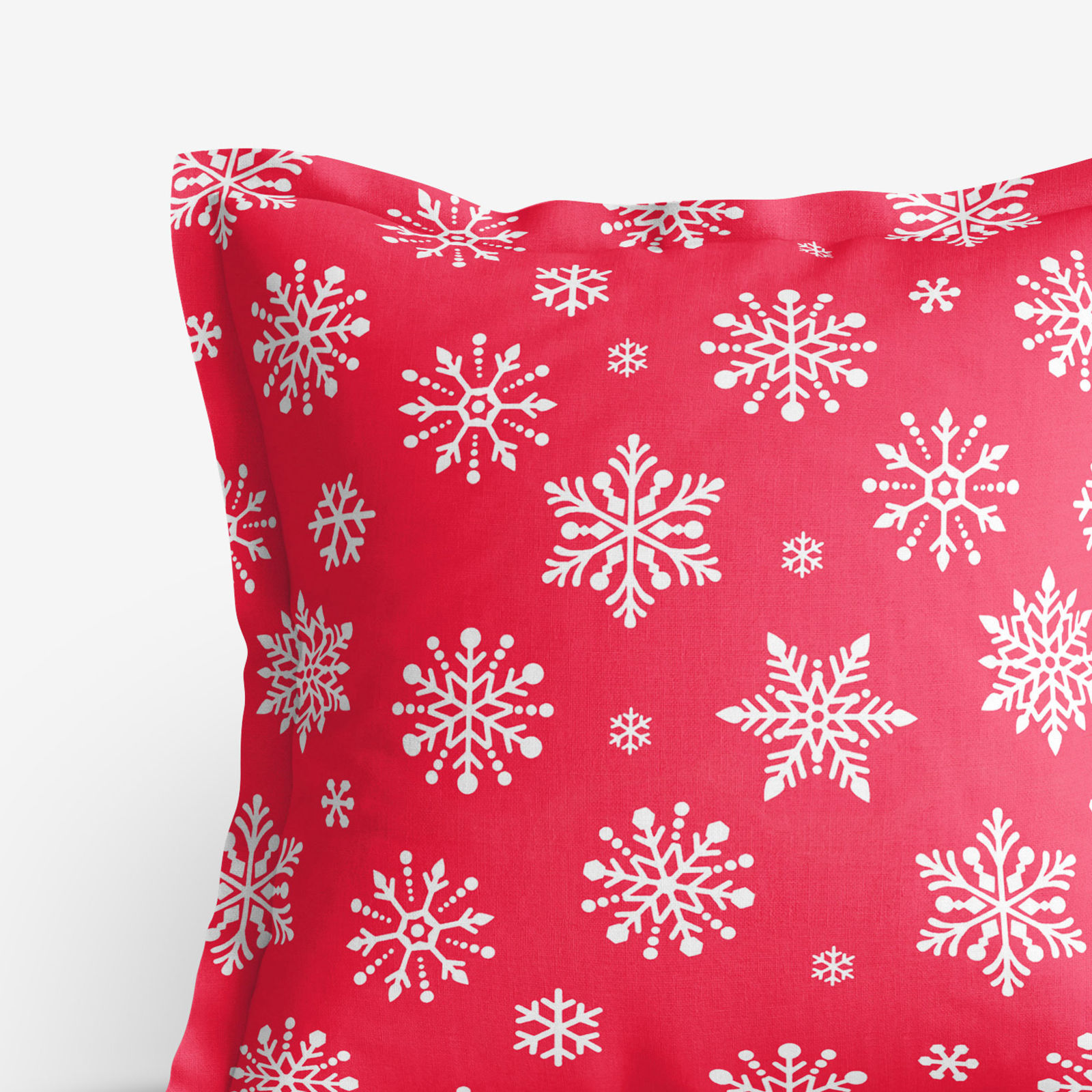 Poszewka na poduszkę z ozdobną kantą bawełniana - płatki śniegu na jaskrawej czerwieni