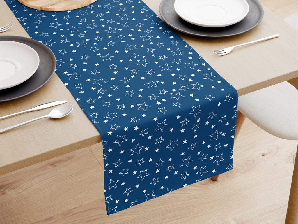Bieżnik na stół z płótna bawełnianego - białe gwiazdki na niebieskim