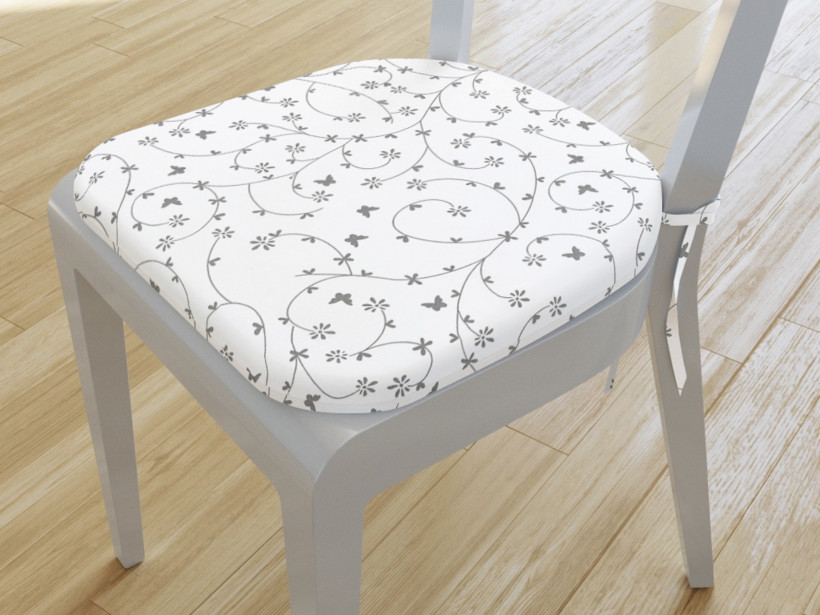 Zaokrąglona poduszka na krzesło 39x37 cm - szare kwiatki i motylki na białym