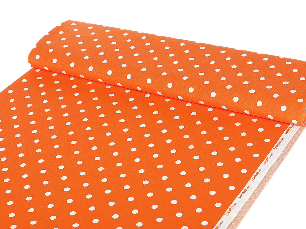 Tkanina dekoracyjna Loneta - białe kropki na pomarańczowym