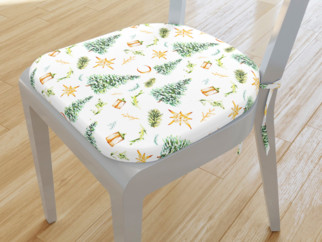 Zaokrąglona poduszka na krzesło 39x37 cm świąteczna - choinki i złote gwiazdy