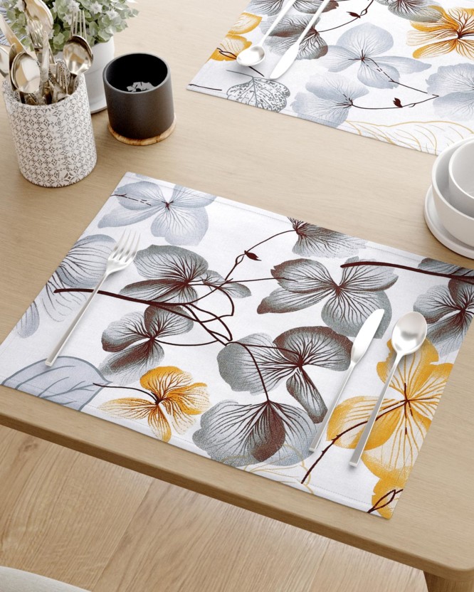 Podkładka na stół z płótna bawełnianego - szare i brązowe kwiaty z liśćmi - 2szt.
