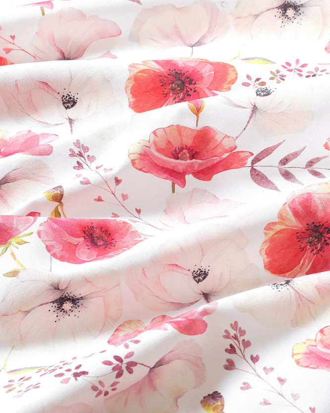 Tkanina dekoracyjna Loneta - kwiaty maku polnego z liśćmi