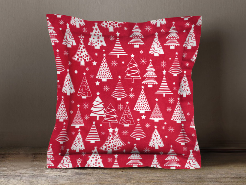 Poszewka na poduszkę z ozdobną kantą bawełniana świąteczna - choinki na czerwonym