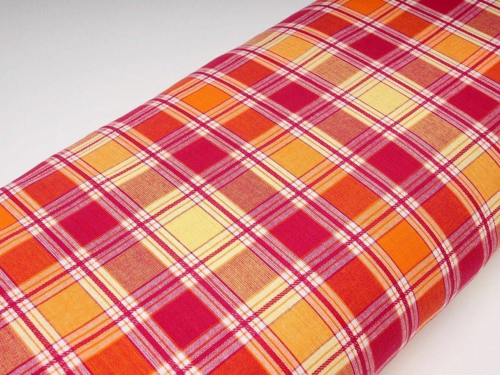 Mocna tkanina bawełniana Kanafas 230 g/m2 - kratka różowo-pomarańczowo-żółta