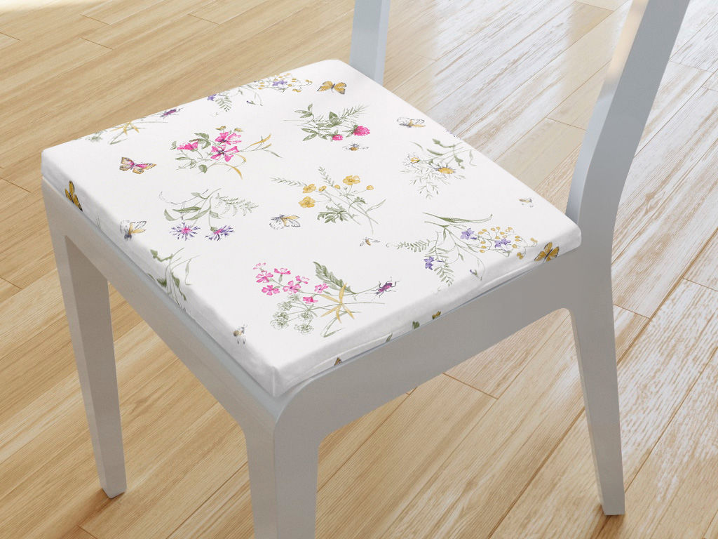 Kwadratowa poduszka na krzesło 38x38 cm - kolorowe polne kwiaty na białym