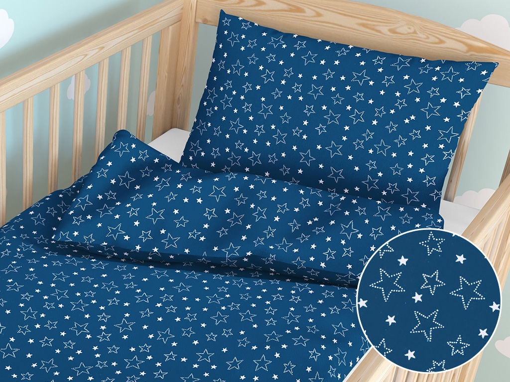 Pościel bawełniana do łóżeczka - białe gwiazdki na niebieskim