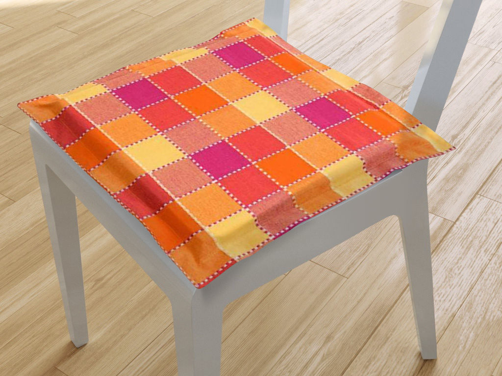 Kwadratowa poduszka na krzesło z ozdobną kantą 38x38 cm Kanafas - duża kratka pomarańczowo-różowo-żółta