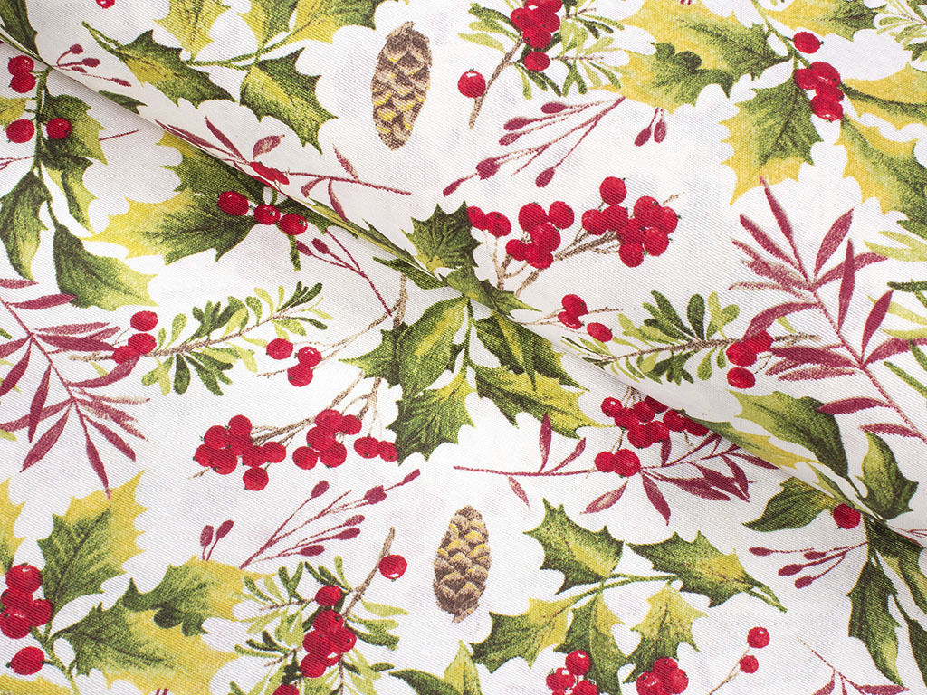Tkanina dekoracyjna Loneta - czerwone owoce i ozdobne liście