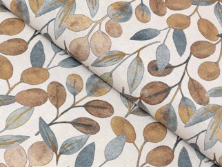 Tkanina dekoracyjna Loneta - brązowy i niebieski eukaliptus - szer. 140, 280cm