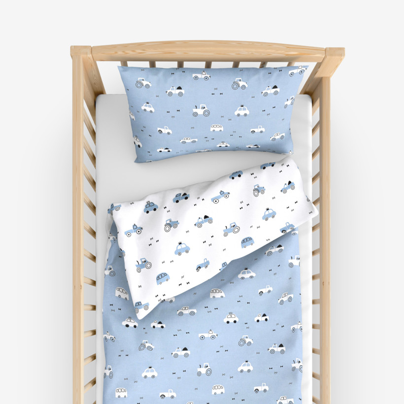 Pościel bawełniana do łóżeczka - pojazdy na niebieskim i na białym