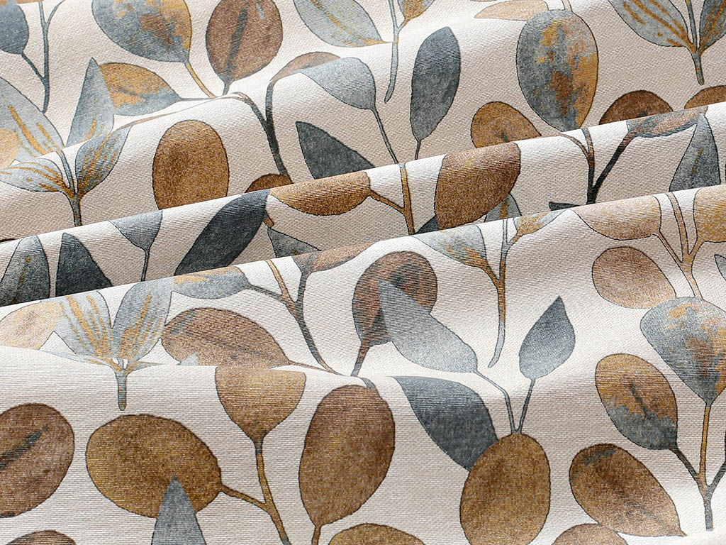 Tkanina dekoracyjna Loneta - brązowy i niebieski eukaliptus