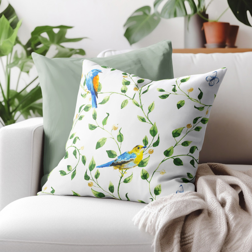 Poszewka na poduszkę bawełniana - kolorowe ptaki w ogrodzie