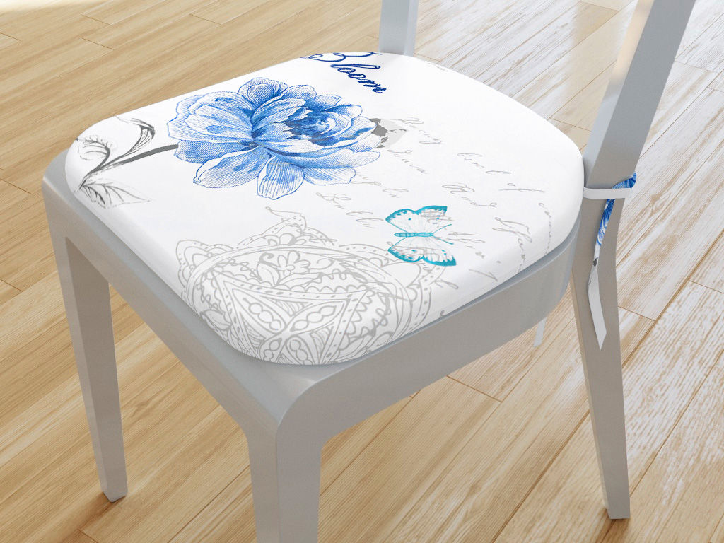 Zaokrąglona poduszka na krzesło 39x37 cm - niebieskie piwonie z tekstami