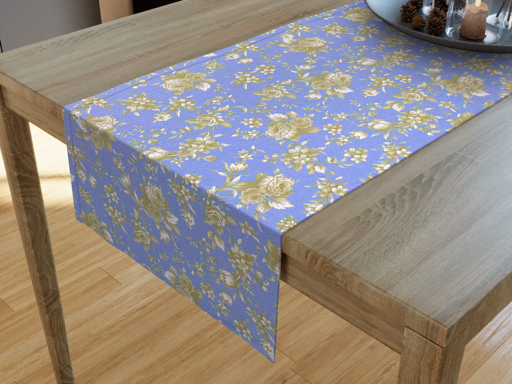 Bieżnik na stół bawełniany Mestral - kwiaty na niebieskim