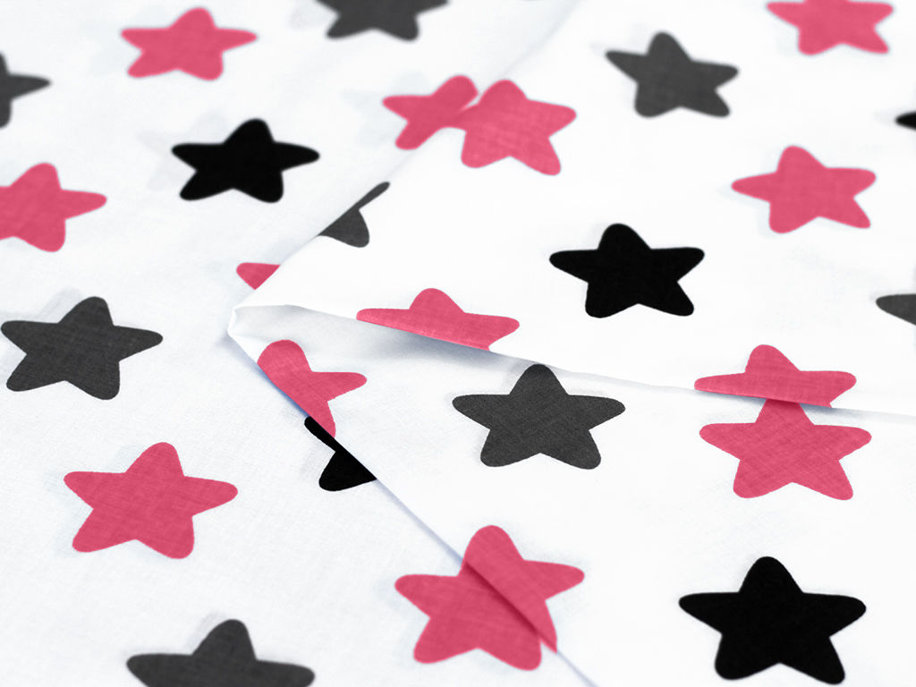 Płótno bawełniane - różowe i czarne gwiazdy na białym