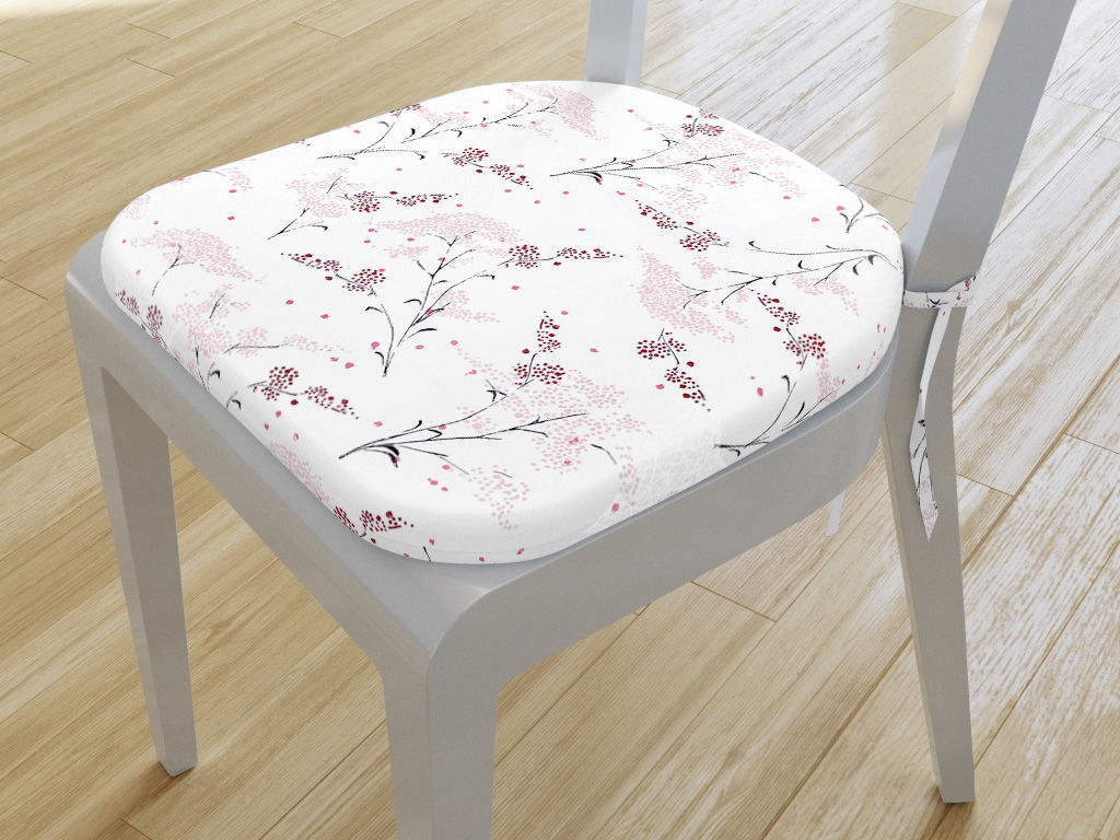 Zaokrąglona poduszka na krzesło 39x37 cm - kwiaty japońskie na białym