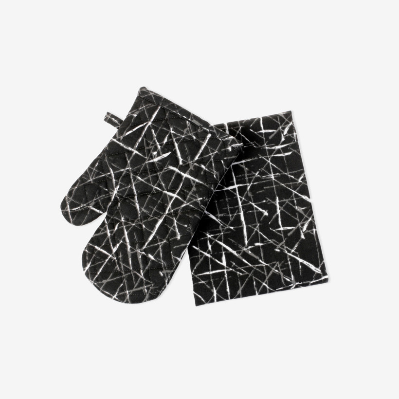 Rękawica+ścierka kuchenna bawełniana - designowe wzory linii na czarnym